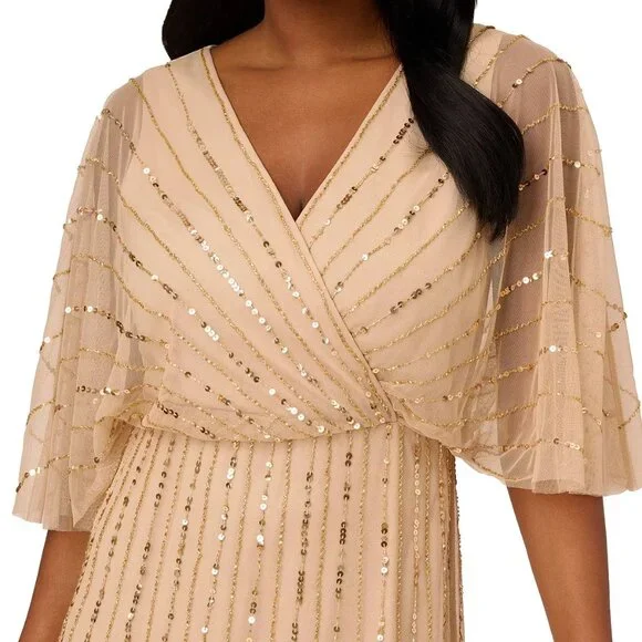 PAPELL STUDIO Women's Beaded Faux-Wrap Sheath Dress Champagne Gold Size 8 - Picture 3 of 4